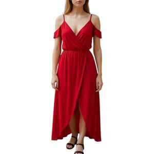 Rolla Coster Cold Shoulder Faux Wrap Maxi Dress Red Size S